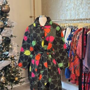 Black and GreenTrench Coat with Abstract Pattern and Tie Belt.